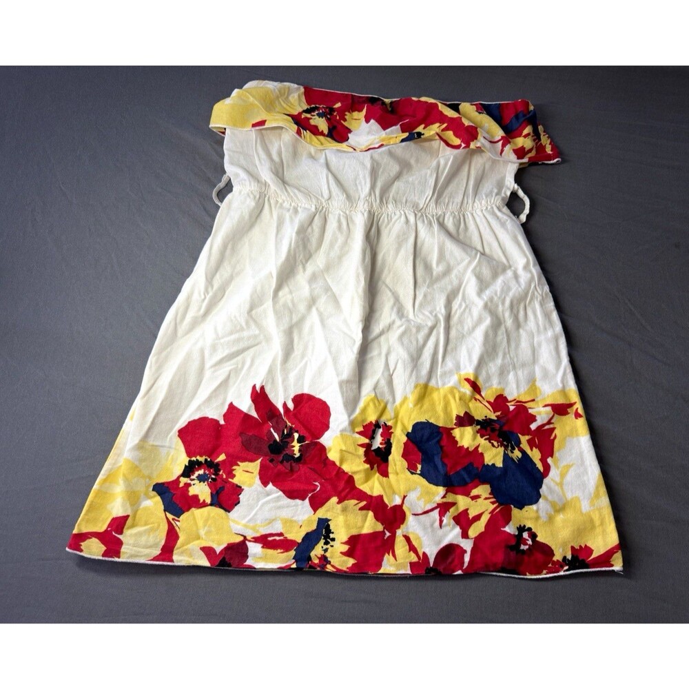 Women White Strapless Ruffle Top A-Line Mini Dress Floral Red Yellow Blue size M